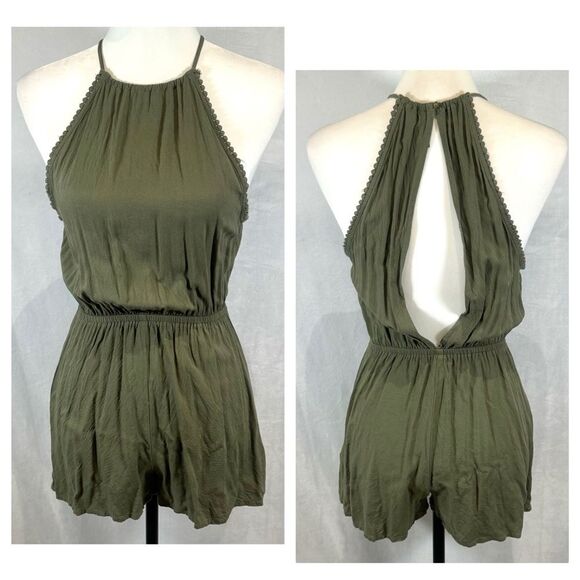 H&M olive green backless halter romper size 2 - Picture 1 of 6